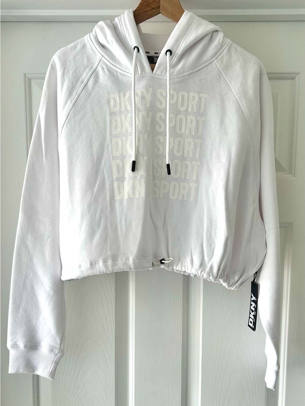 DKNY Sport Cropped Hoodie White Logo Pullover Sweatshirt NWT Size Large